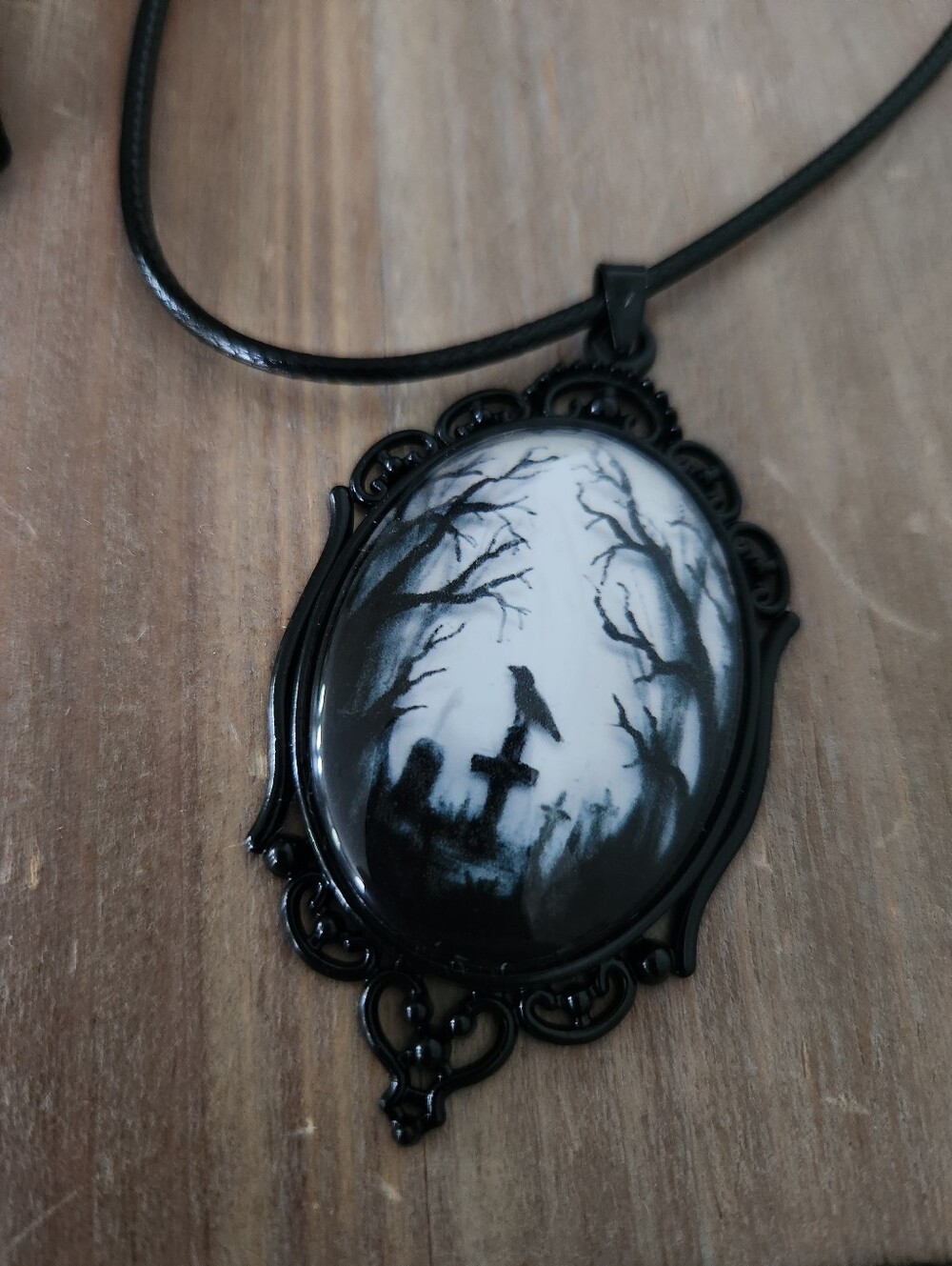 Gothic Raven Cemetery Cameo Pendant Necklace Black Chain & Cord Set